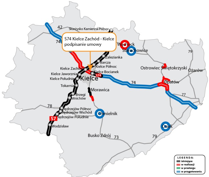 Lokalizacja odcinka S74 Kielce Zachód–Kielce. Źródło: GDDKiA